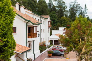 Hotel con vista aérea en medio de dos árboles y un bosque de fondo.
