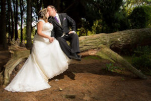 Pareja de esposos vestidos con vestido de novia y esmoquin sentados en un tronco gigante en un bosque.